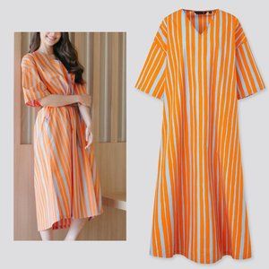 Uniqlo Marimekko Cotton V-Neck Half Sleeve Dress Striped Size XL Orange NWT New
